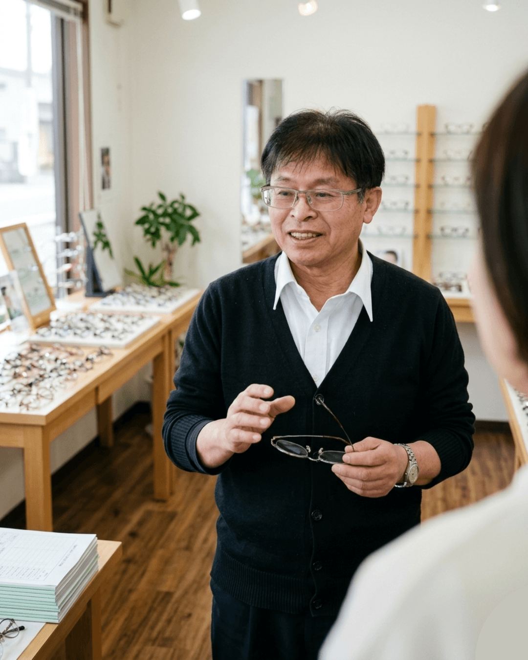 お客様の相談にやさしく対応するメガネショップまつうらの店主
